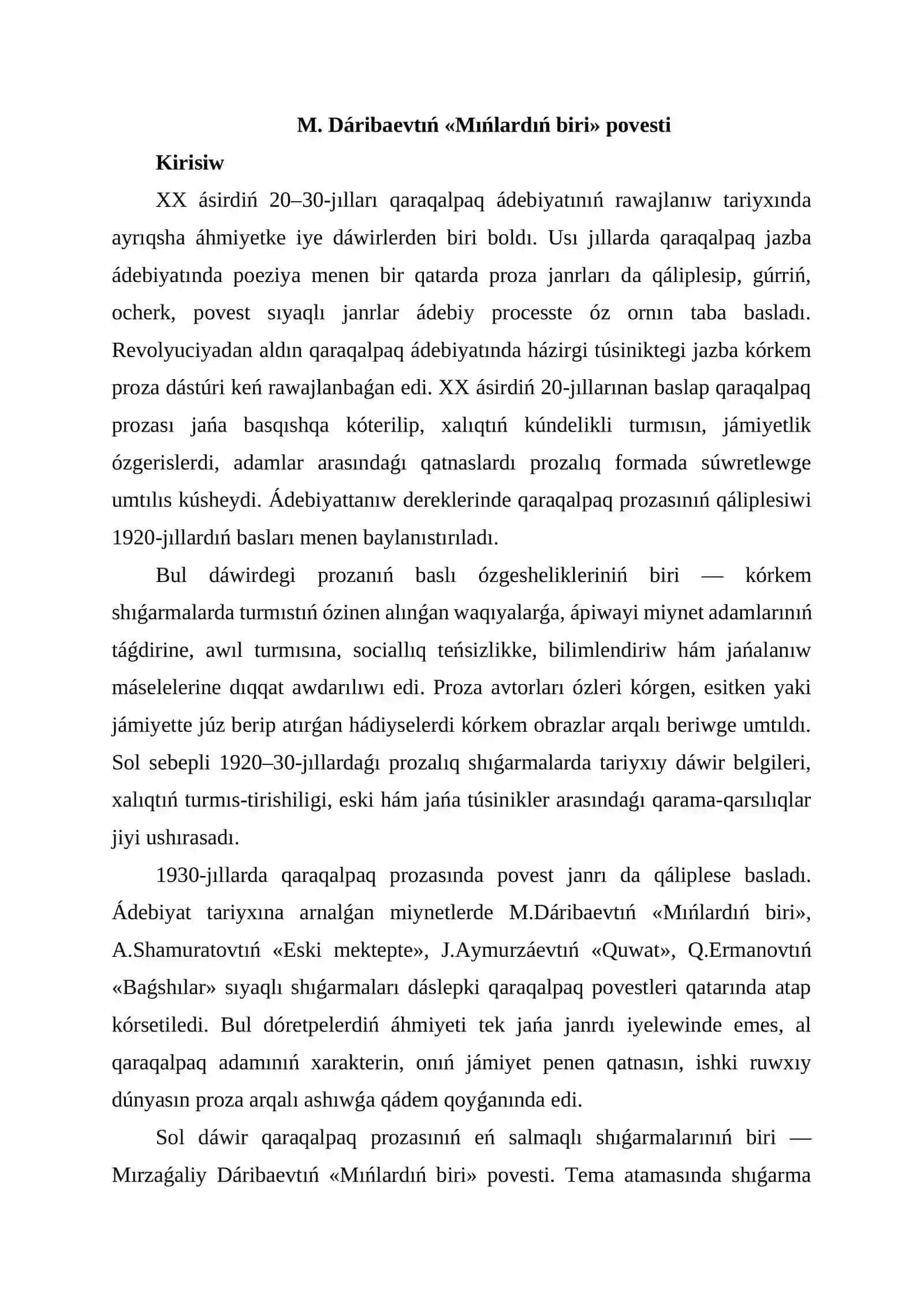 1920–30-jıllardaǵı qaraqalpaq prozası M. Dáribaevtıń «Mıńlardıń biri» povesti 2