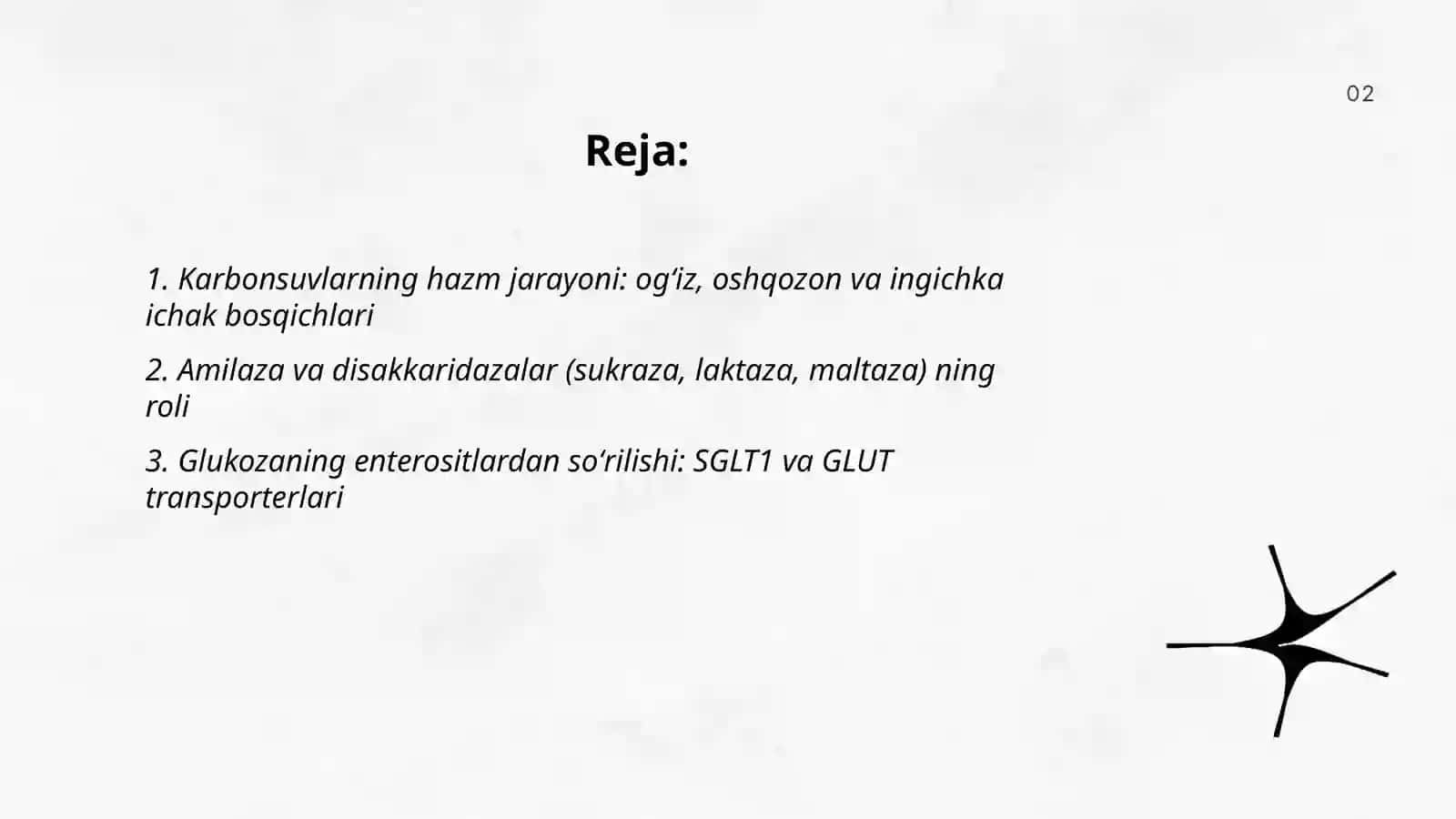 Karbonsuvlar almashinuvi, karbonsuvlarning hazmlanishi glikogen sintezi va parchalanishi by Kamoljonova Xolida 2