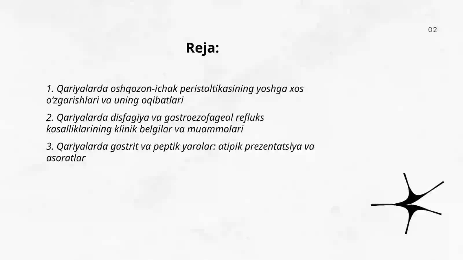 Geriatriya. Qariyalarda oshqozon-ichak trakti kasalliklari va siydik ajratish tizimi kasalliklarining qariyalarda kuzatilishi va muammolari 2