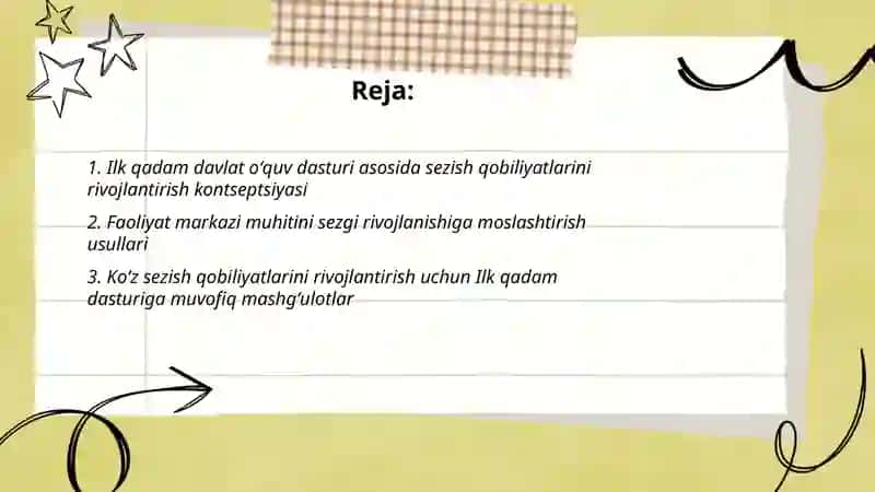 Ilk qadam davlat oʻquv dasturi asosida faoliyat markazida maktabgacha yoshdagi bolalarni sezish qobiliyatlari rivojlantirishni tashkil qilish 2