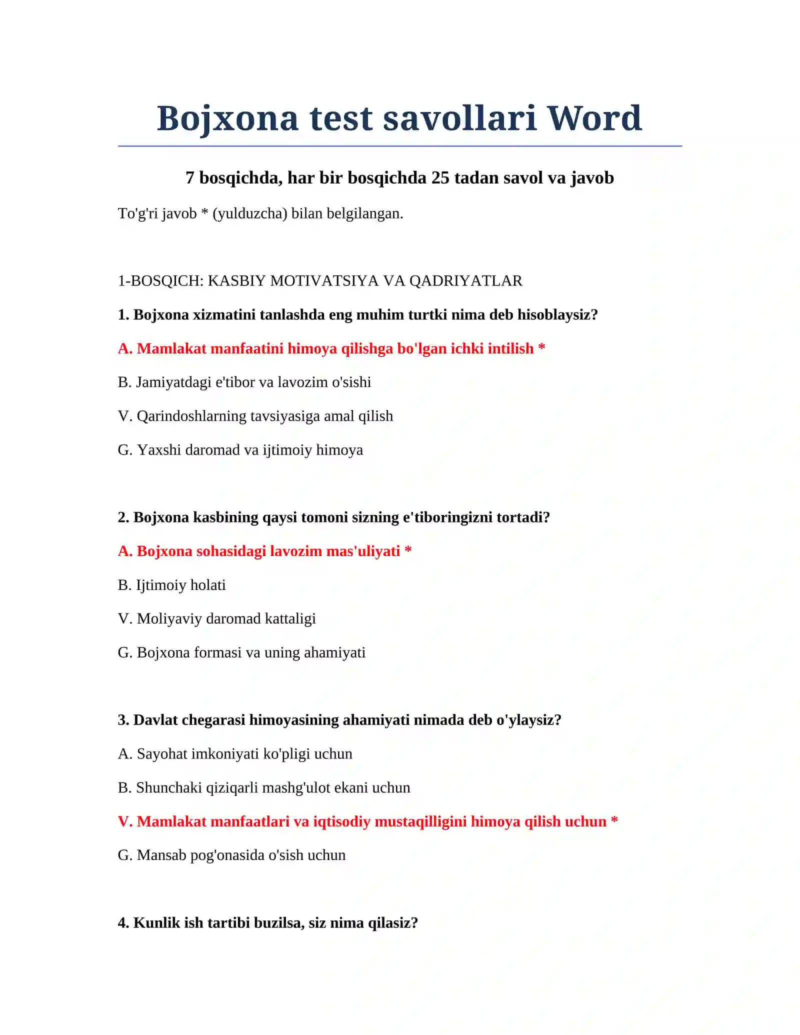 Bojxona test savollari Word 2