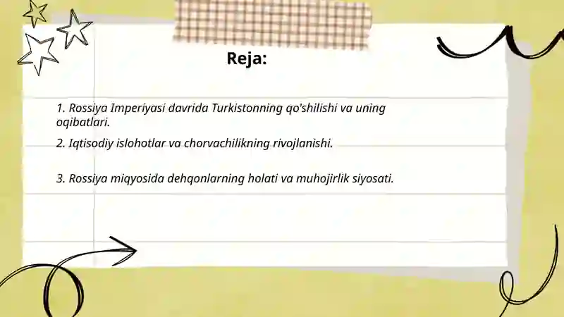 Rossiya imperyasi va sovet hukmronligi davrida o'lkadagi ijtimoiy-iqtisodiy, siyosiy va ma'naviy jarayonlar. 2