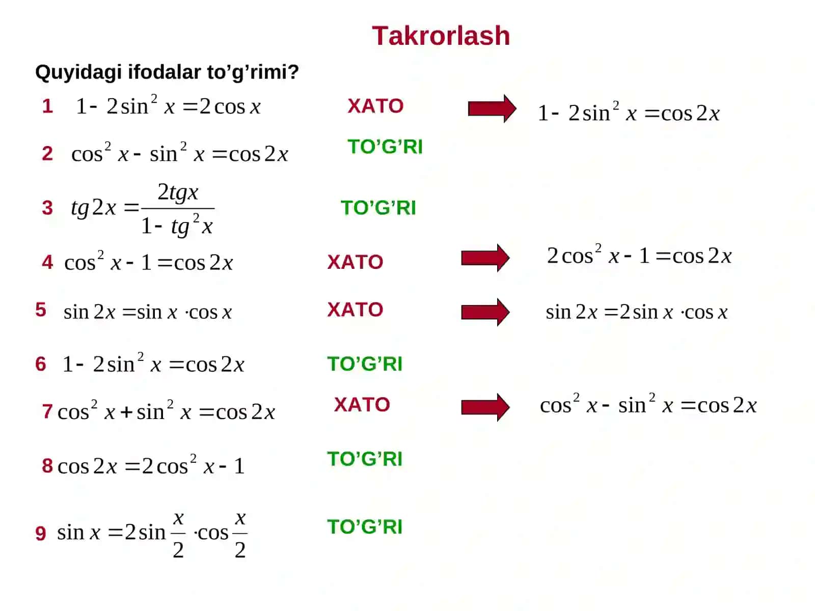 Yarim burchak formulalari 2