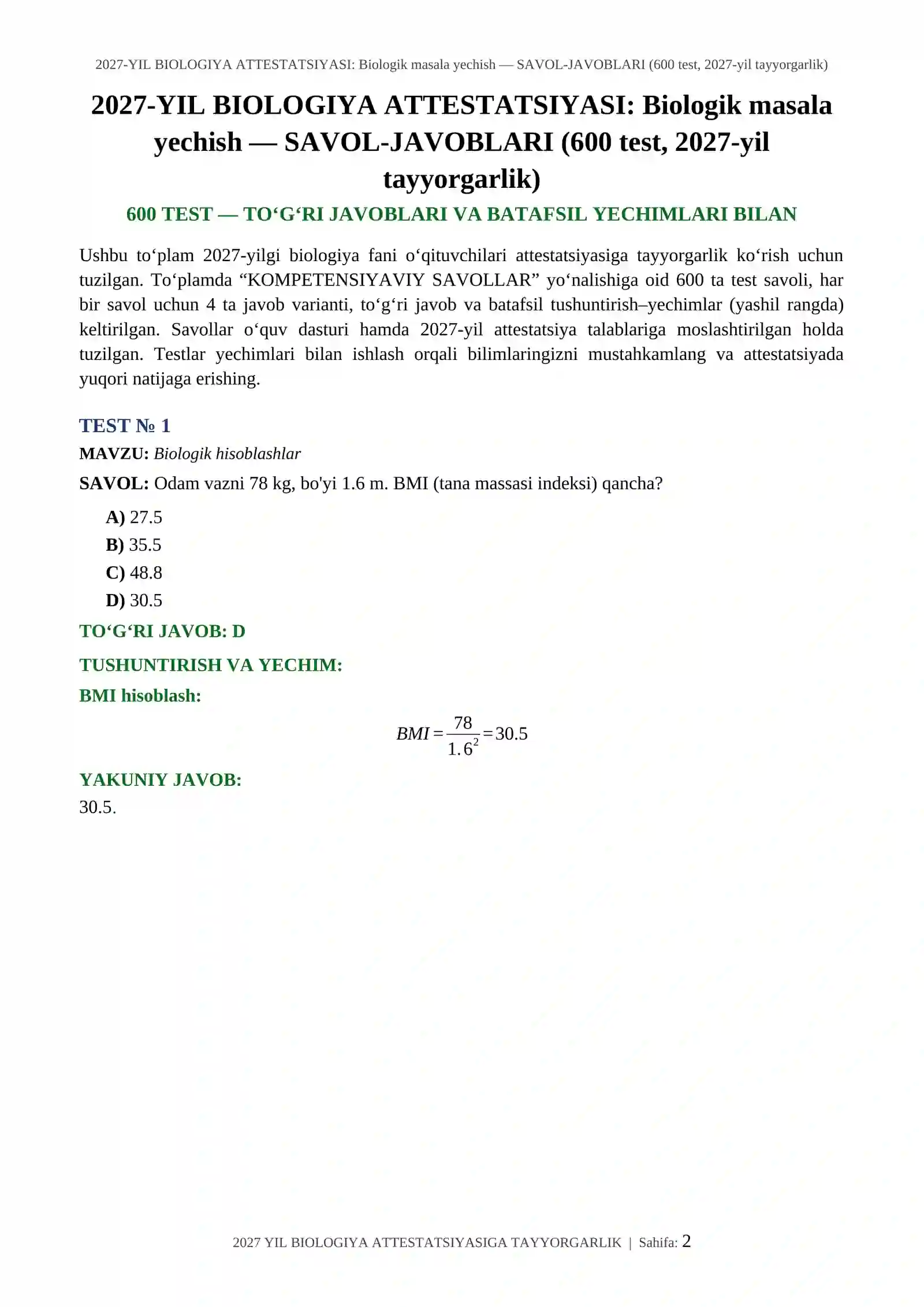 2027-YIL BIOLOGIYA ATTESTATSIYASI: Biologik masala yechish — SAVOL-JAVOBLARI (600 test, 2027-yil tayyorgarlik) 2