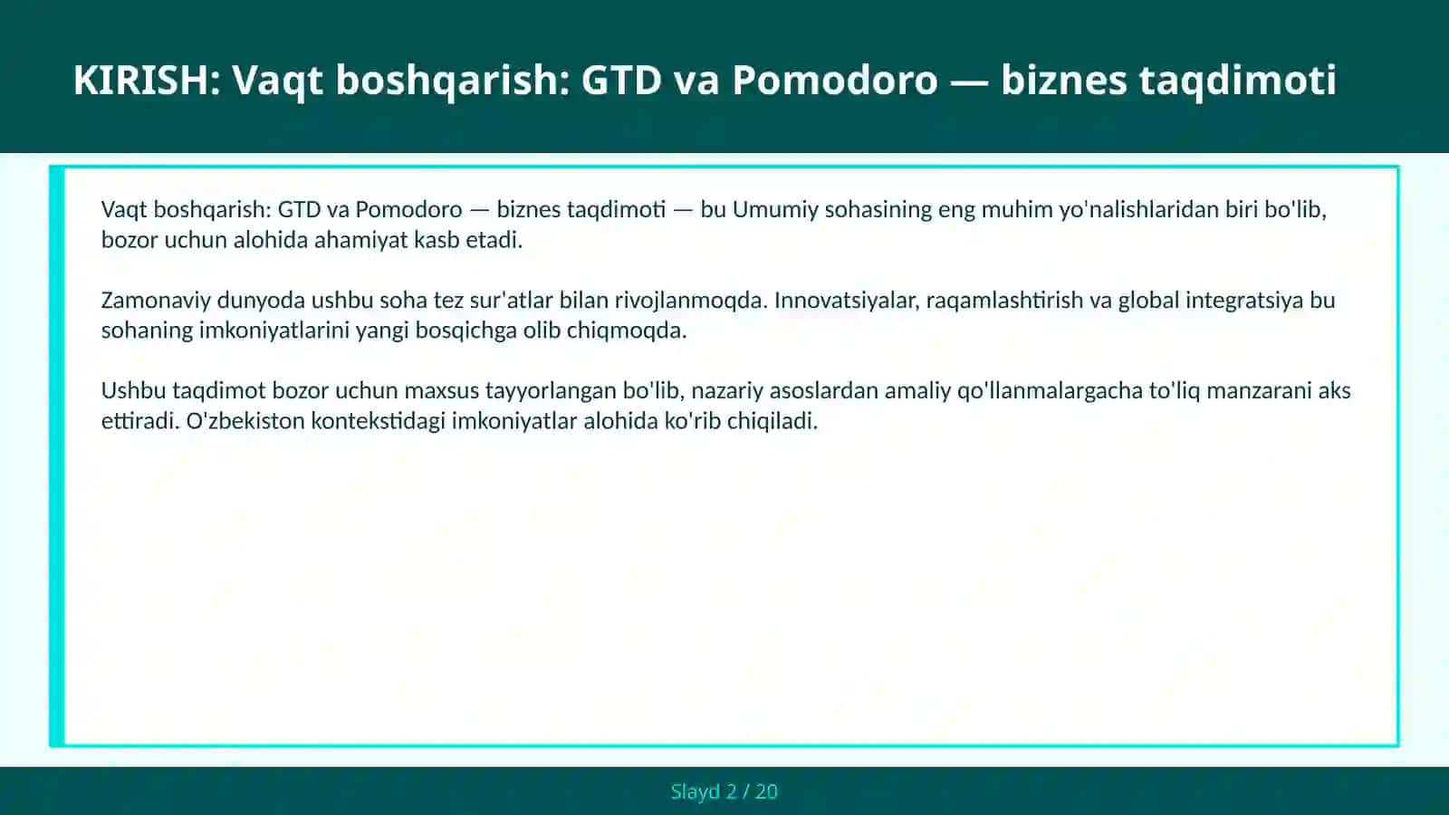Vaqt boshqarish: GTD va Pomodoro — biznes taqdimoti 2