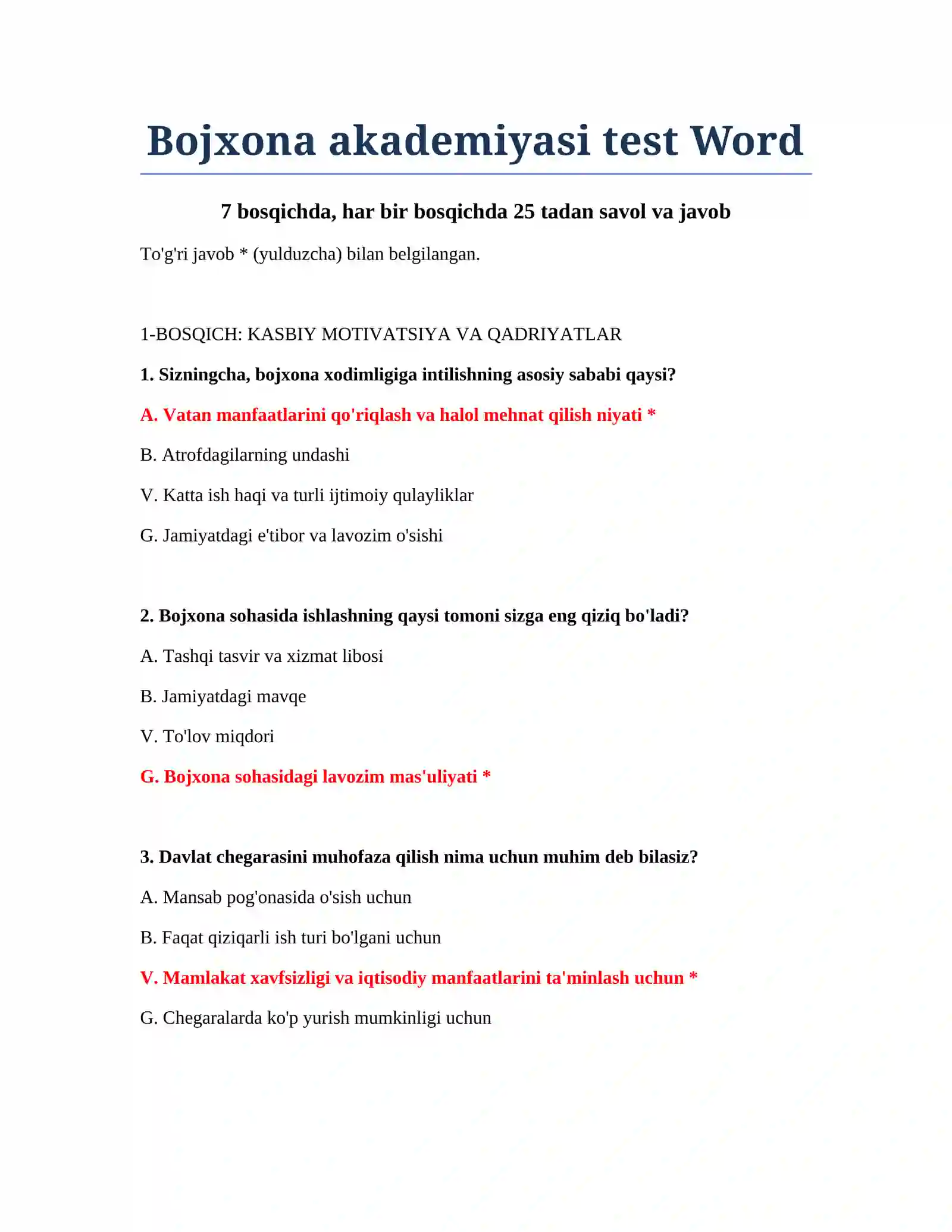 Bojxona akademiyasi test Word 2