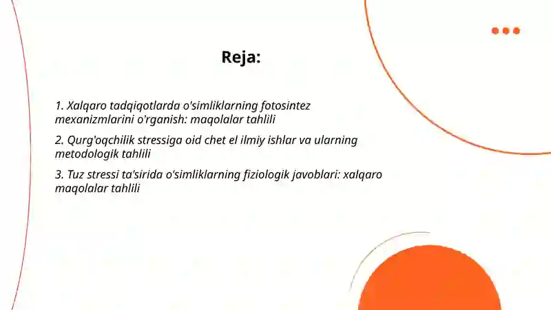 Oʻsimliklar fiziologiyasi yuzasidan chet el ilmiy tadqiqotlar va ular haqida ilmiy maqolalarni tahlil etish 2