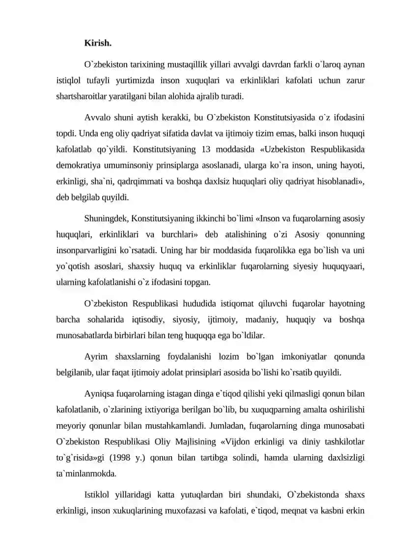 O`zbekistonda inson huquqlari va erkinliklari kafolatining yaratilishi 2