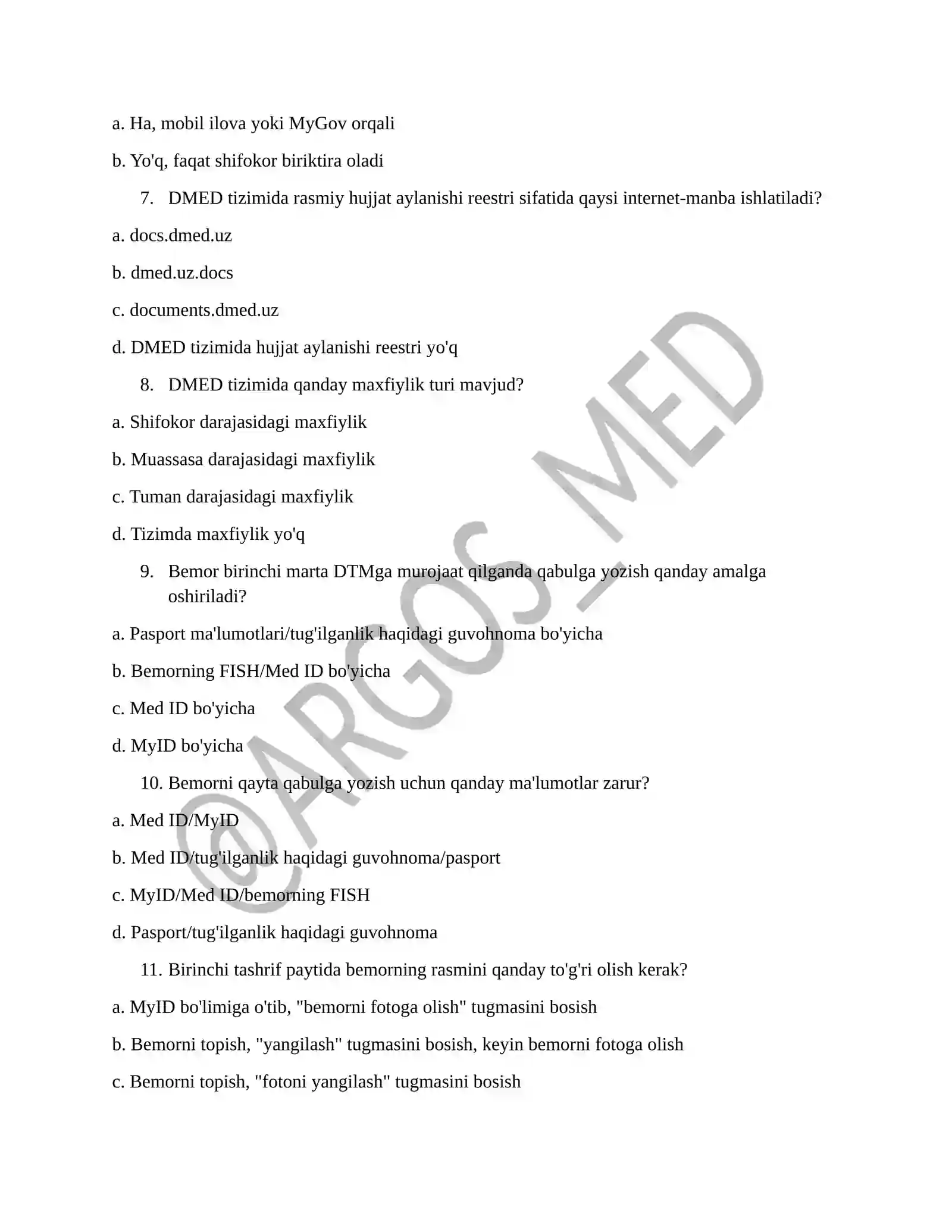 DMED tizimi bo'yicha testlar 2