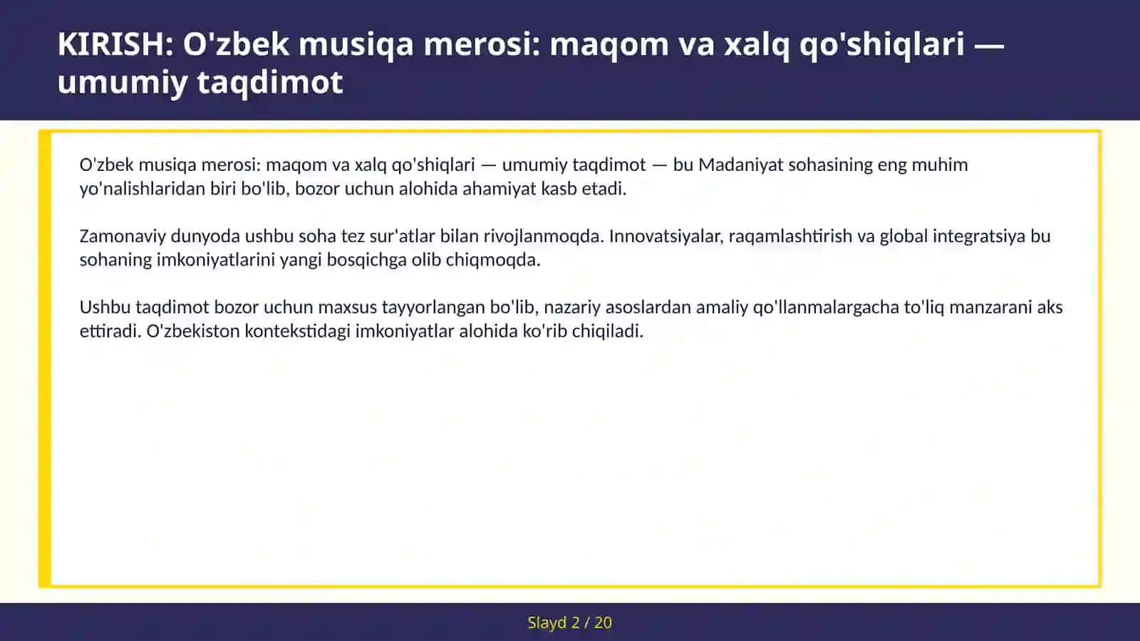 O'zbek musiqa merosi: maqom va xalq qo'shiqlari — umumiy taqdimot 2