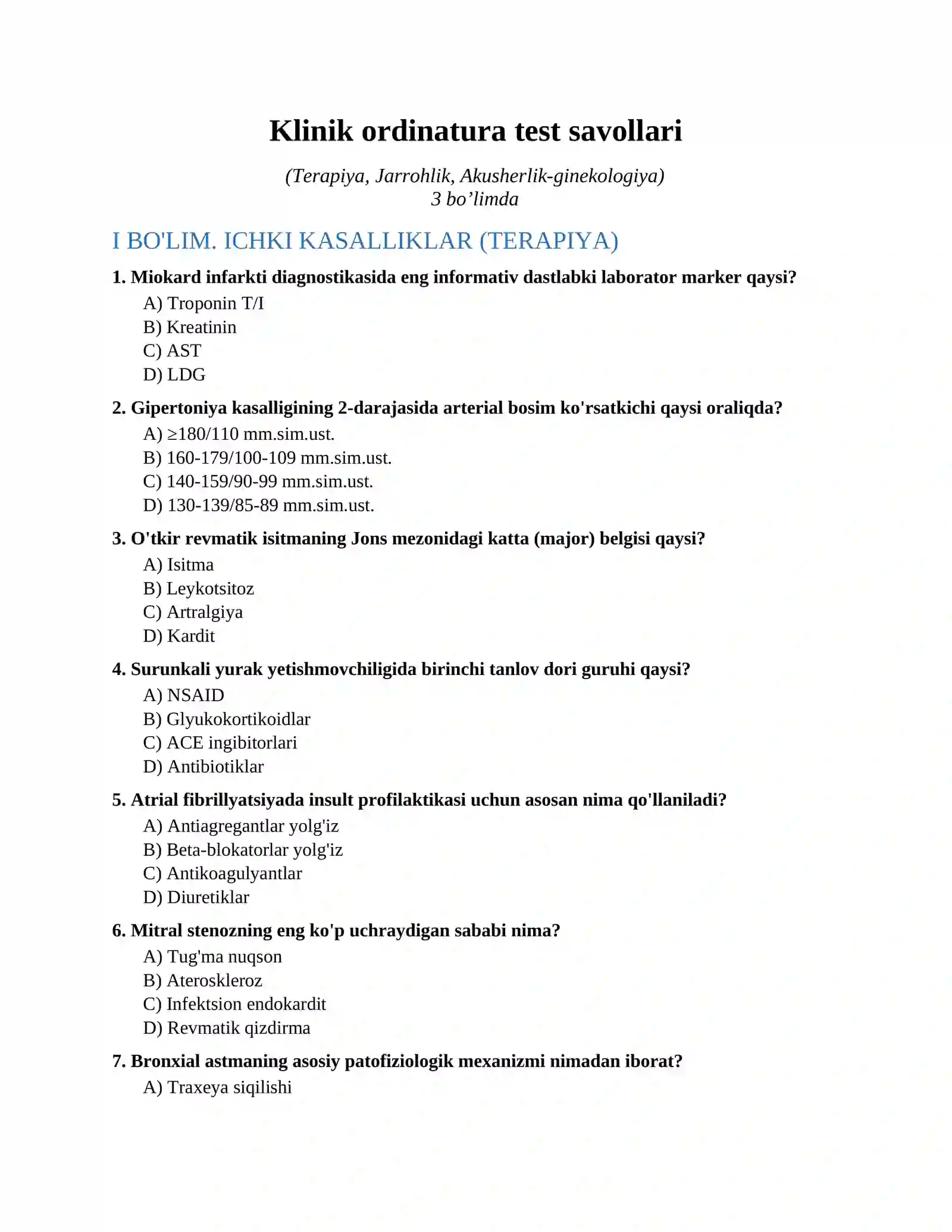 Klinik ordinatura test savollari 2