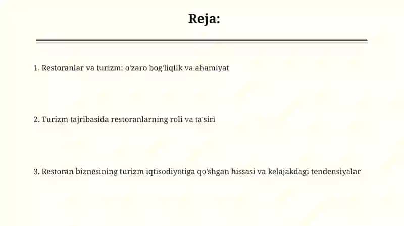 Turizm sohasida restoranlar ovqatlantirishning asosiy tizimi sifatida 2