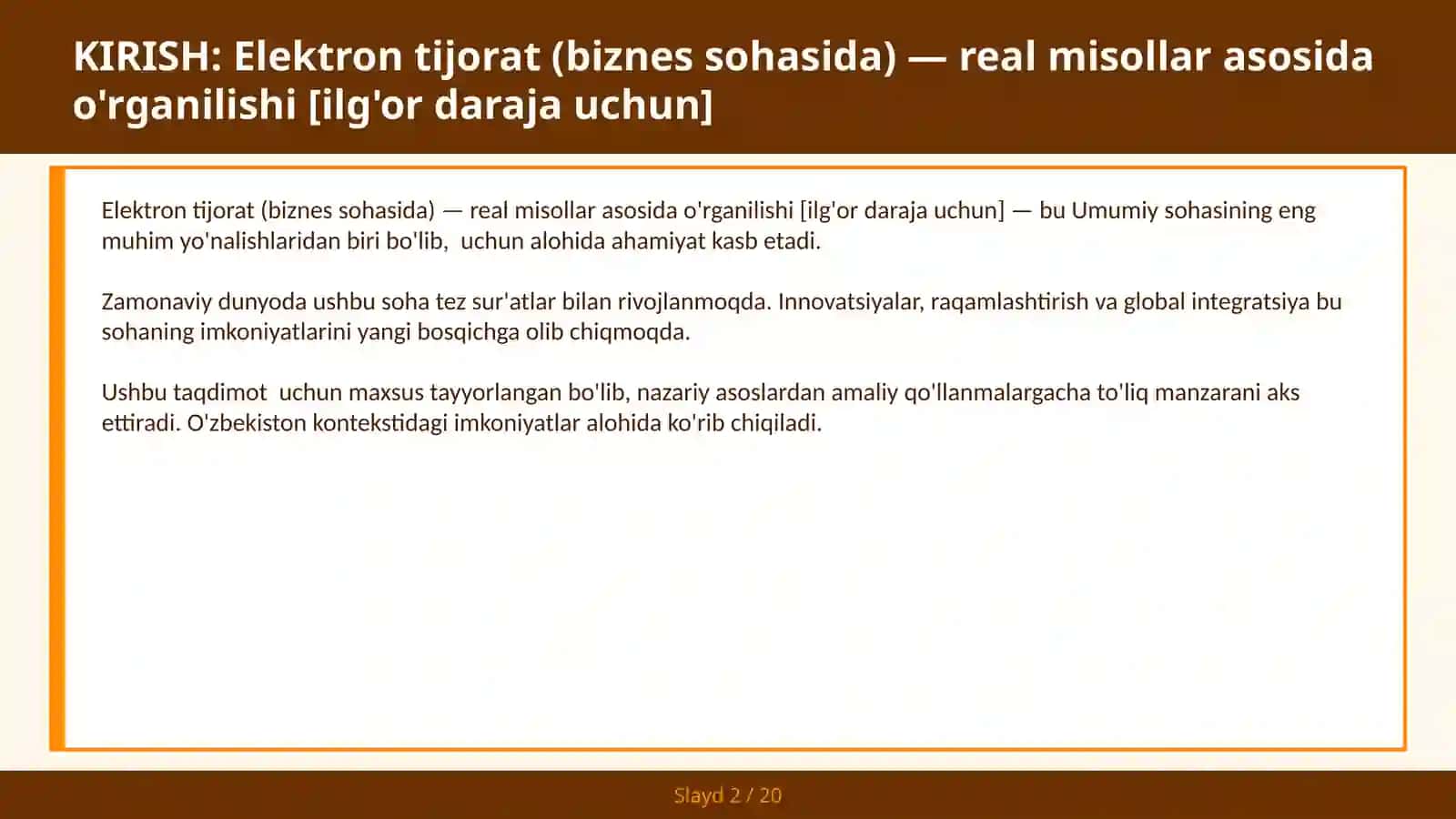 Elektron tijorat (biznes sohasida) — real misollar asosida o'rganilishi [ilg'or daraja uchun] 2
