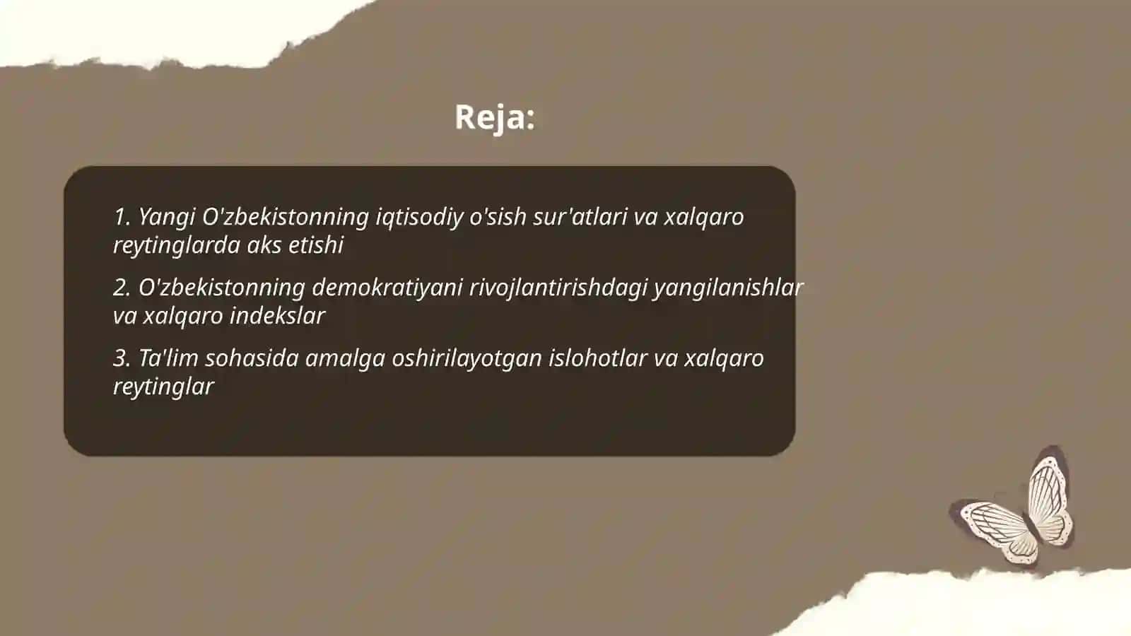 Yangi O'zbekistonda ijtimoiy siyosiy va madaniy hayotda roy berayotgan o'zgarishlarning xalqaro reyting va indekskarda aks etishi 2