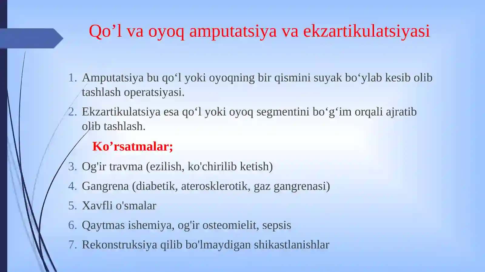 Qo'l va oyoq amputatsiyalari va ekzartikulatsiyalari. Qo'l va oyoq suyaklaridagi operatsiyalar. 2