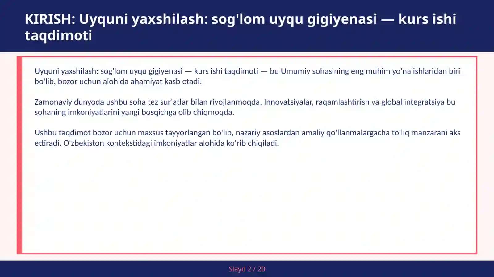 Uyquni yaxshilash: sog'lom uyqu gigiyenasi — kurs ishi taqdimoti 2