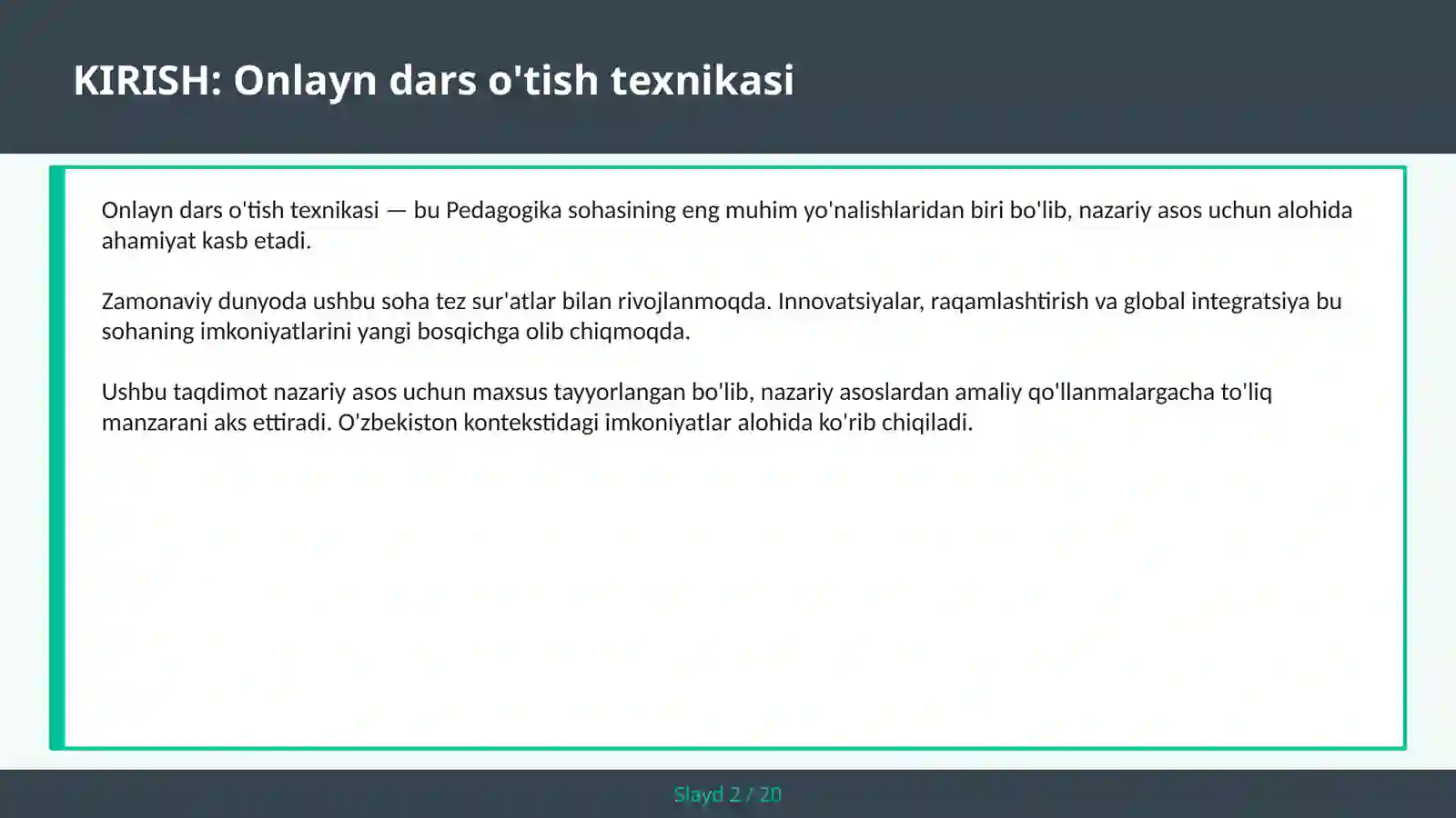 ONLAYN DARS O'TISH TEXNIKASI 2