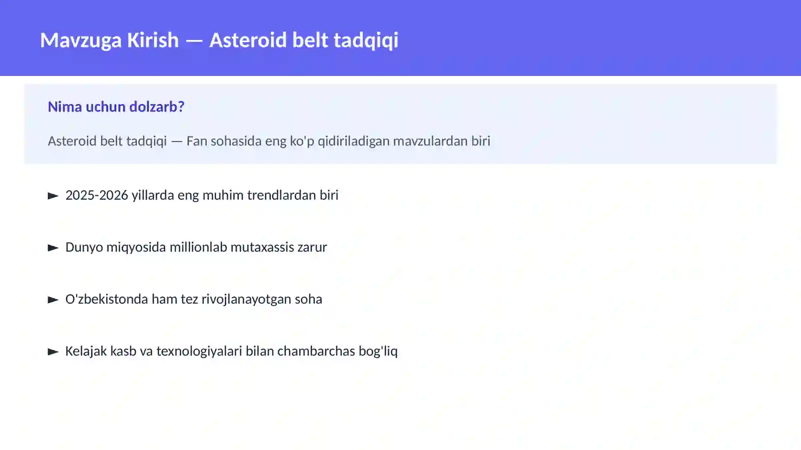 Asteroid belt tadqiqi 2