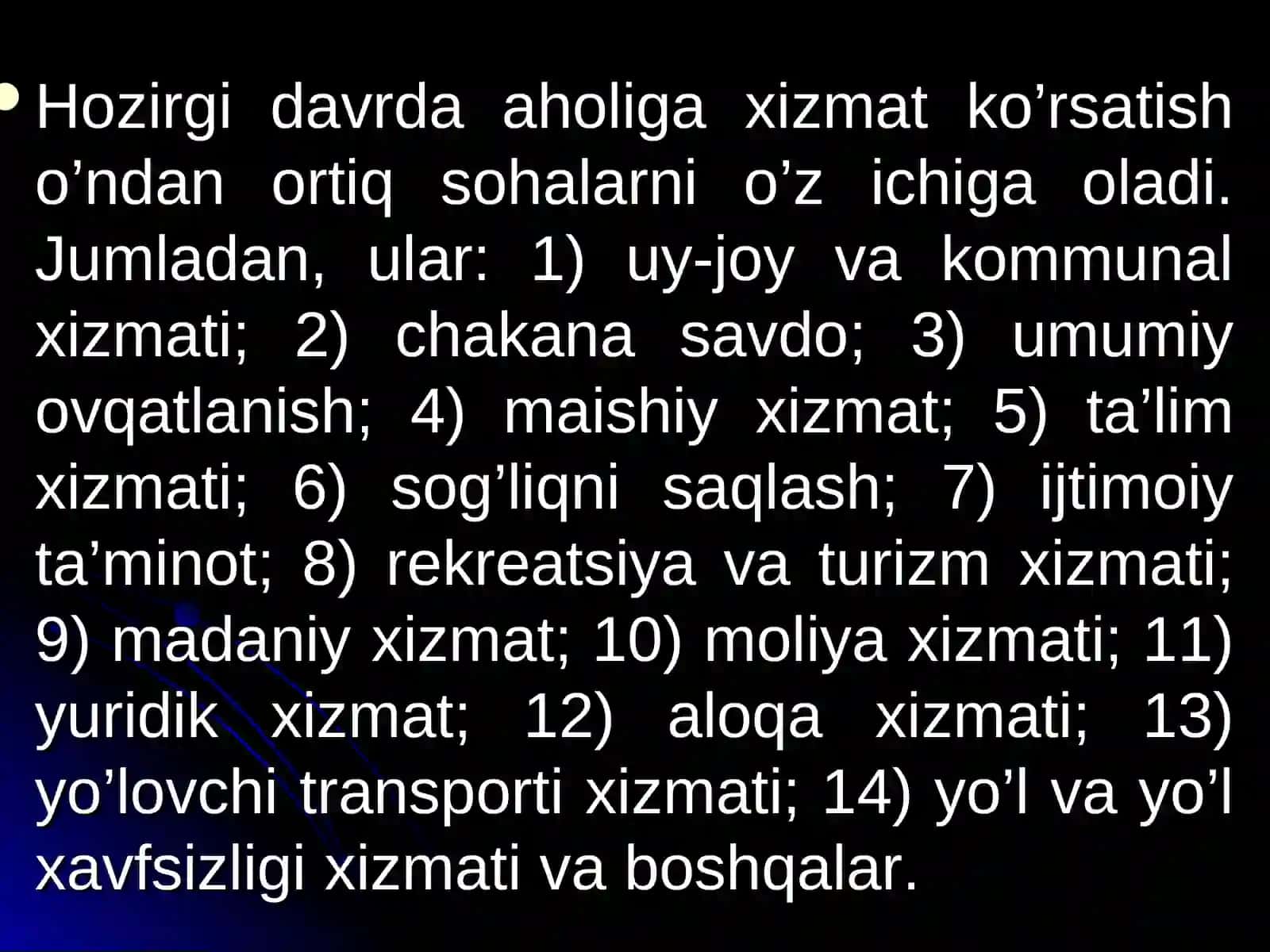 Aholiga xizmat ko'rsatish sohalarini hududiy tashkil etish 2