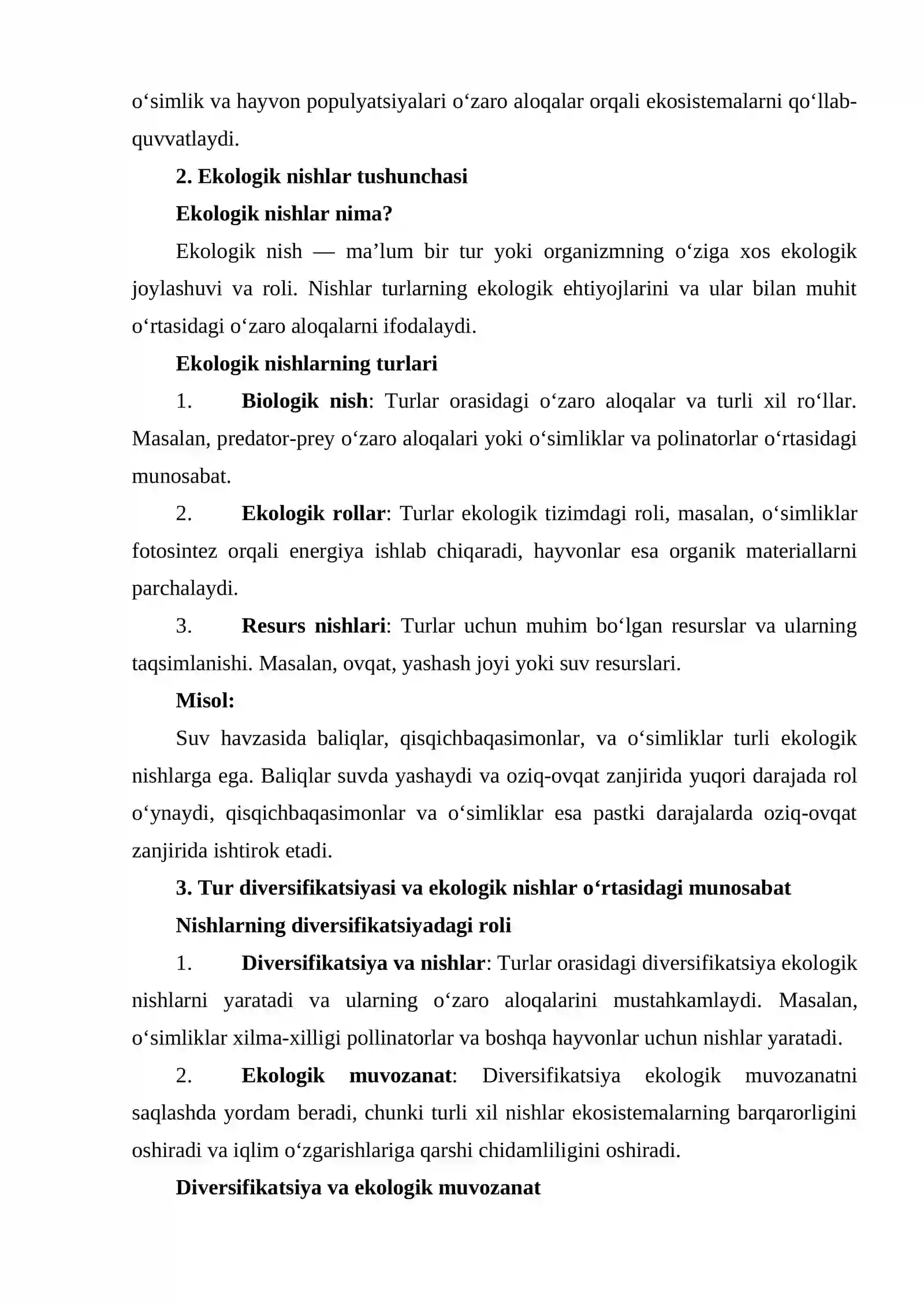 Tur Diversifikatsiyasi va Ekologik Nishlar 2