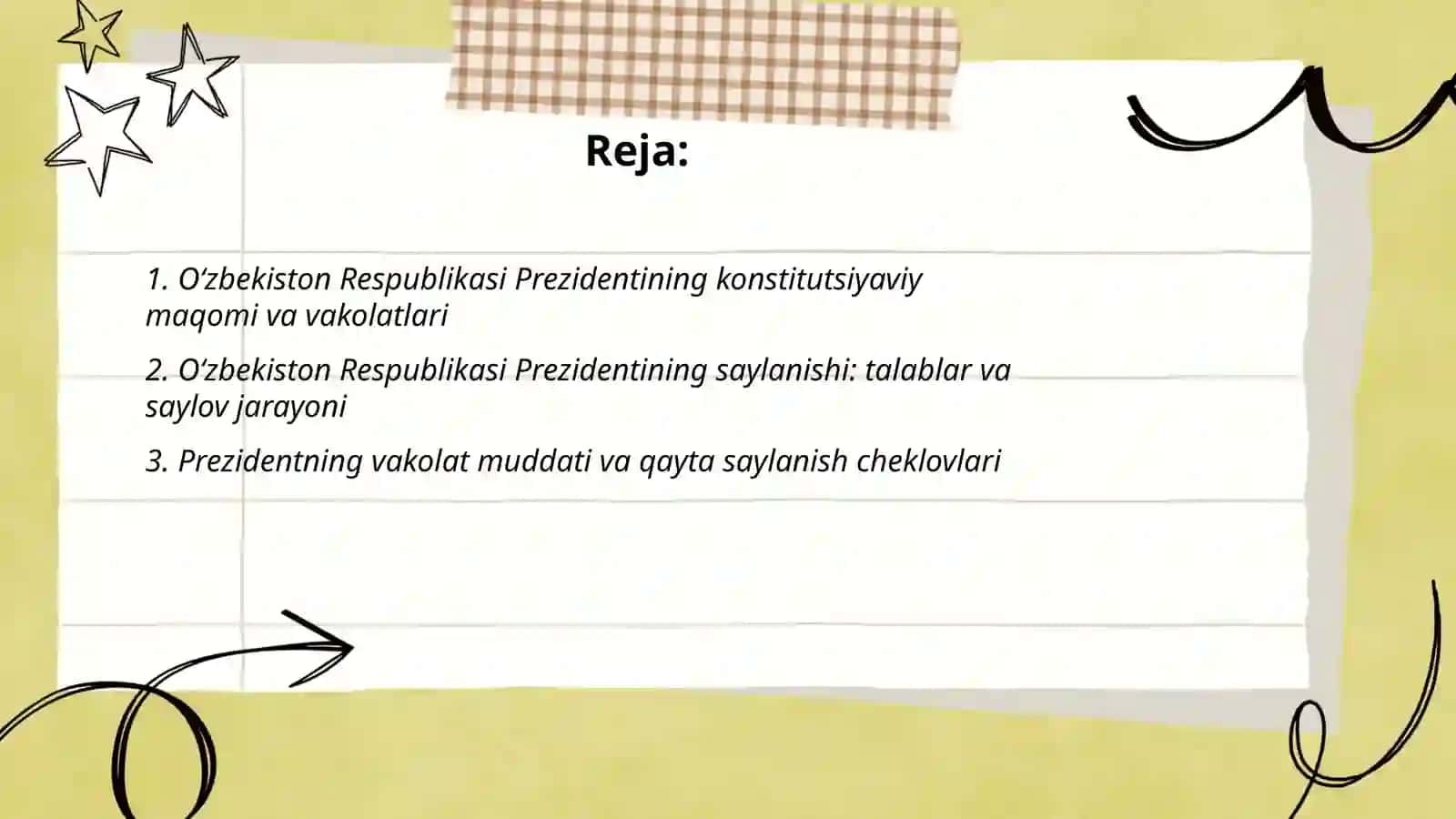 Oʻzbekiston Respublikasi Konstitutsiyasi fanidan tayyorlagan amaliy ishi 2