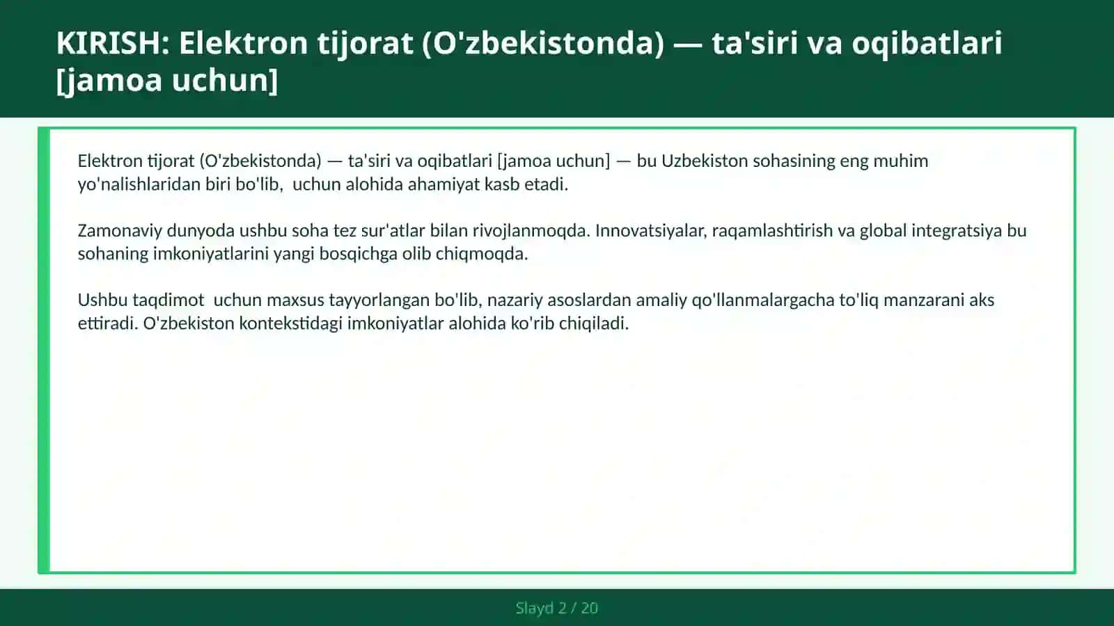 Elektron tijorat (O'zbekistonda) — ta'siri va oqibatlari [jamoa uchun] 2