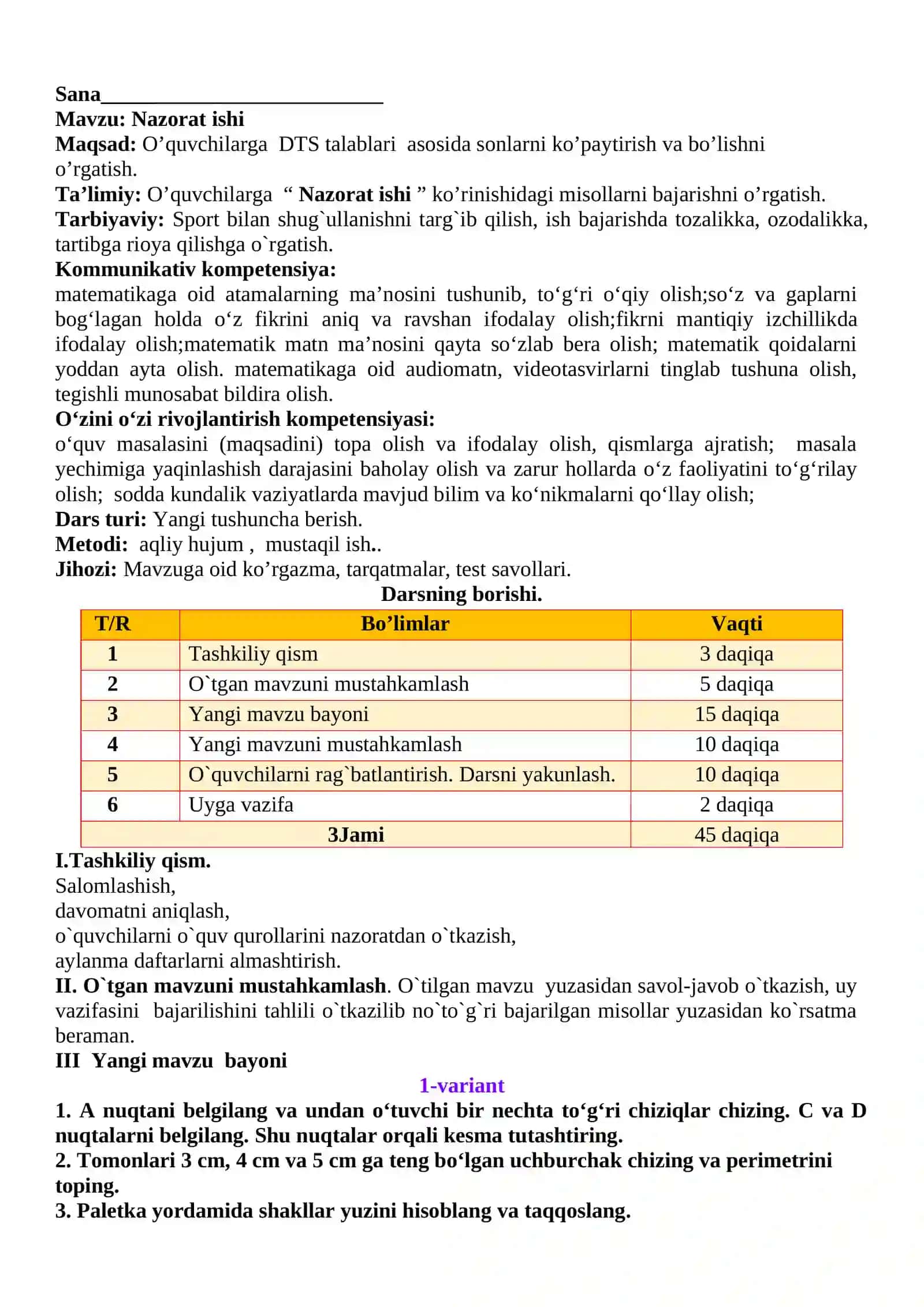 3-sinf Matematika fanidan 3-chorak 2-Nazorat ishi va nazorat ishi tahlili 2