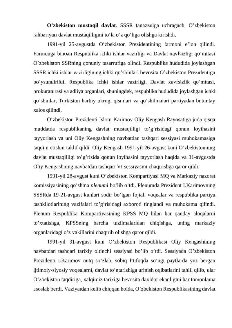 O’ZBEKISTONDA DAVLAT MUSTAQILLIGINING QO‘LGA KIRITILISHI XUQUQIY DEMOKRATIK DAVLAT VA FUQAROLIK JAMIYATI ASOSLARINI BARPO ETISH BORASIDAGI ISLOHOTLAR 2
