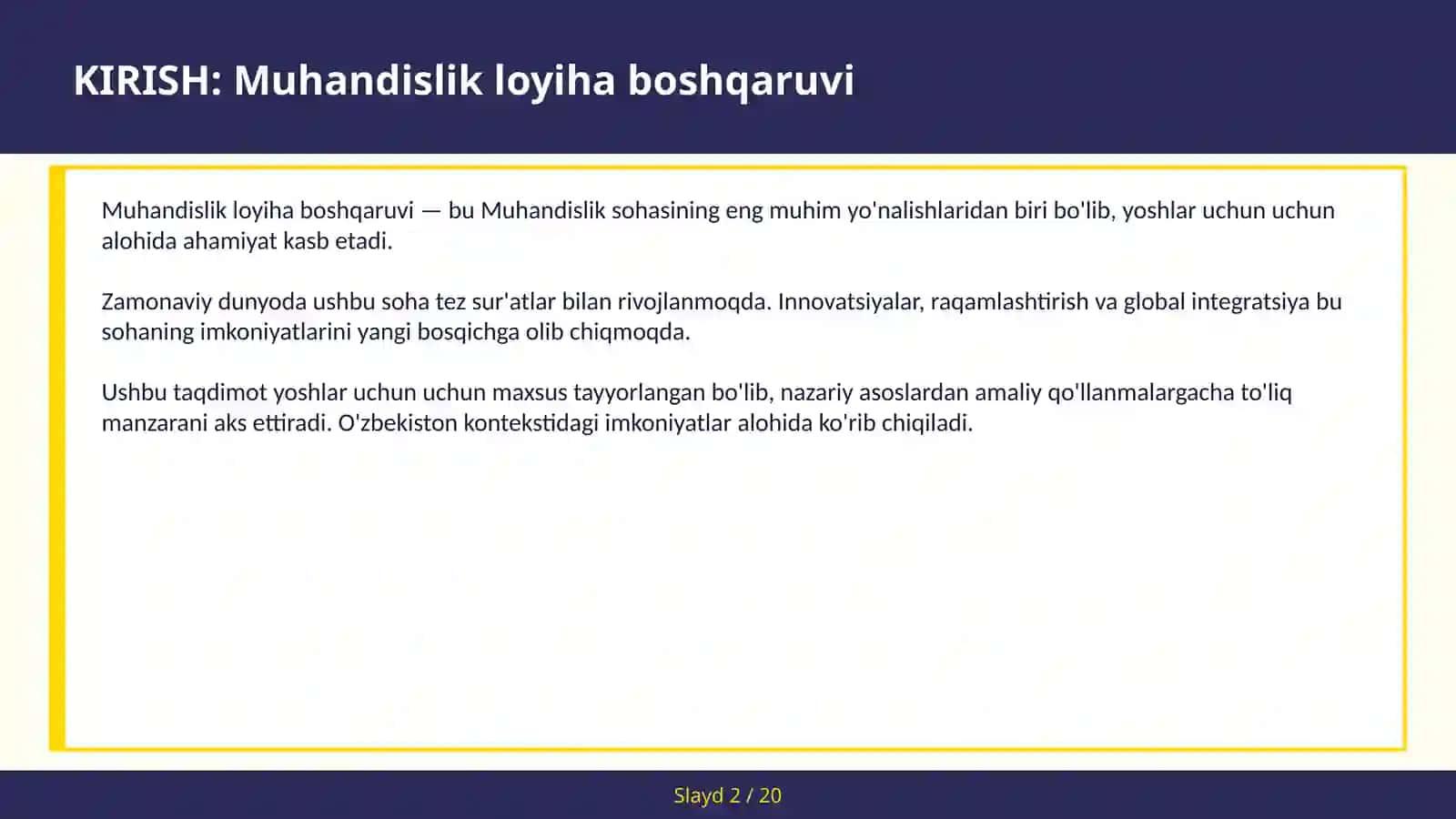 MUHANDISLIK LOYIHA BOSHQARUVI 2