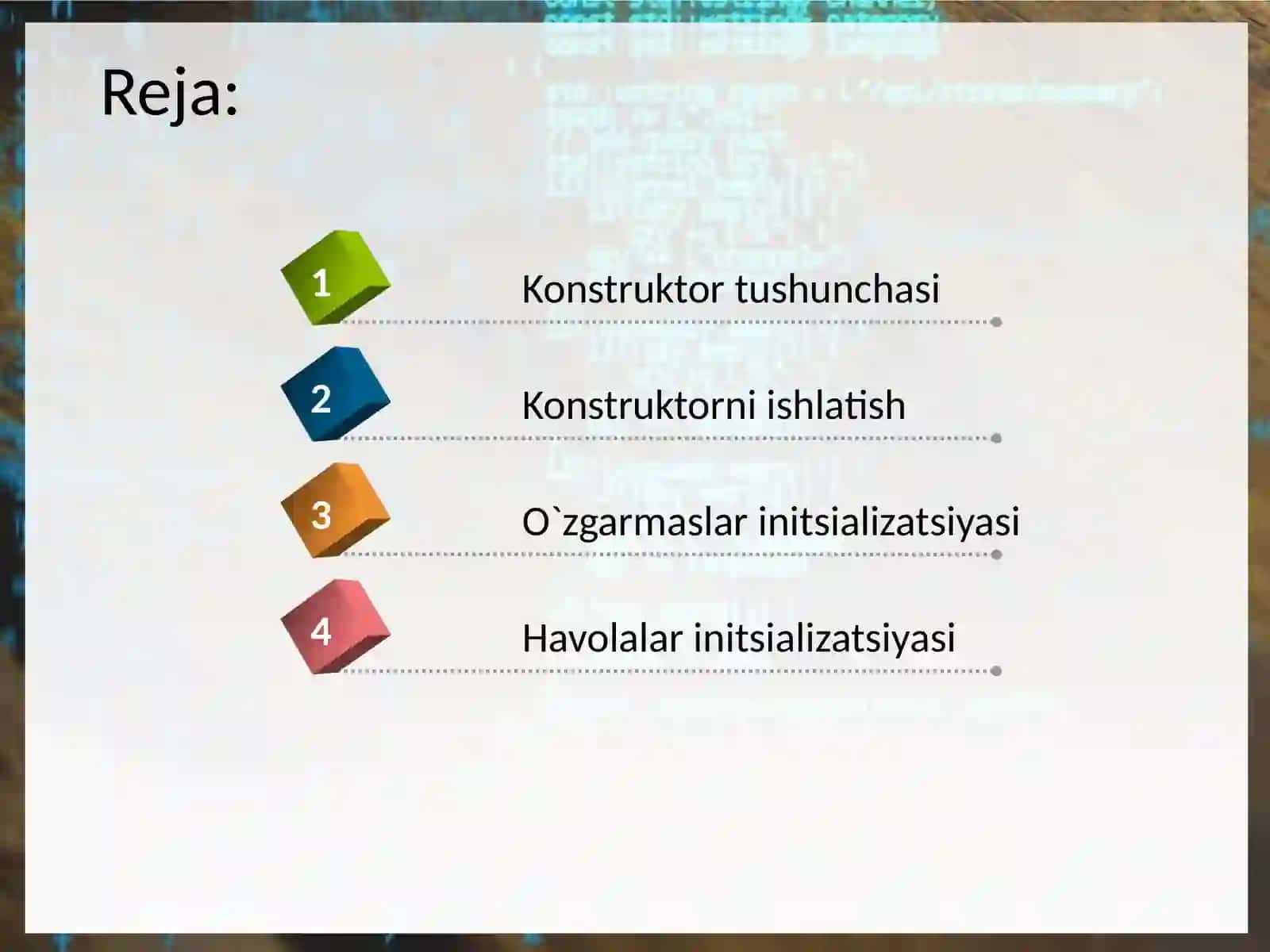 Sinfdagi konstruktor tushunchasi, konstruktorni qayta yuklash. 2