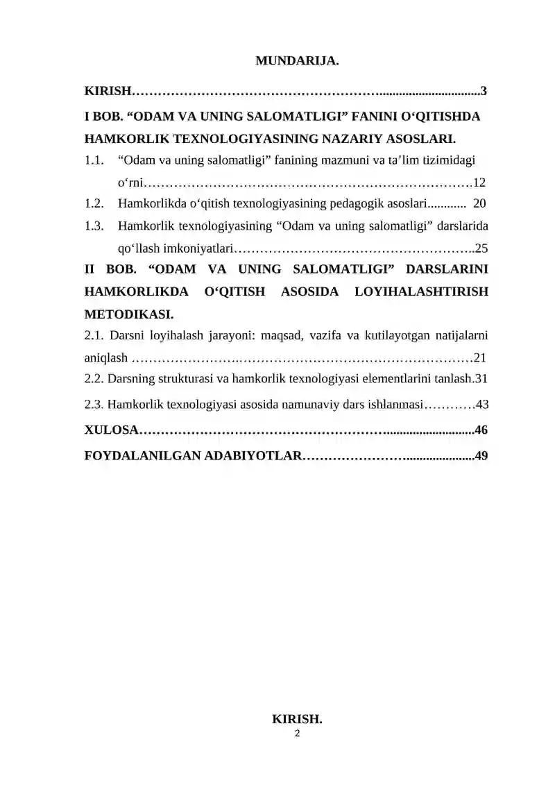 "ODAM VA UNING SALOMATLIGI" FANINI O‘QITISHDA HAMKORLIK TEXNOLOGIYASIDAN FOYDALANIB LOYIHALASHTIRISH 2