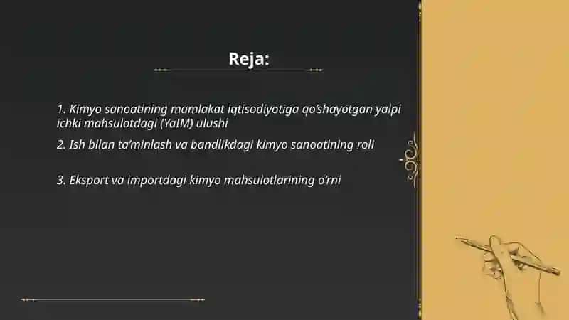 Kimyo sanoatining mamlakat iqtisodiyotiga qo‘shayotgan yalpi ichki mahsulotdagi (YaIM) ulushi 2