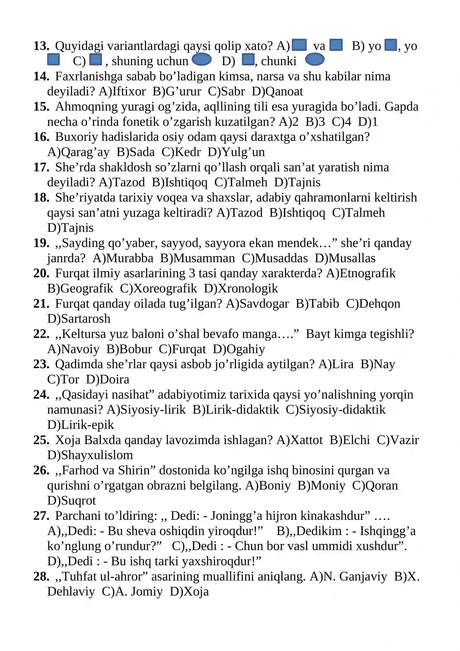 9-sinf ona tili va adabiyot II chorak test 2