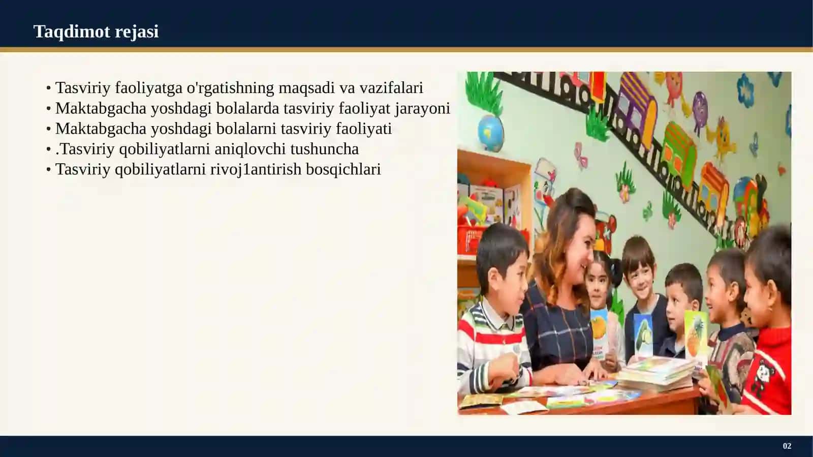 TASVIRIY FAOLIYATGA O'RGATISH METODIKASINING NAZARIY ASOSLARI. МАKТАВGАСНА YOSHDAGI BOLALARNI TASVIRIY QOBILIYATI VA IJODKORLIGINI RIVOLLANTIRISH 2