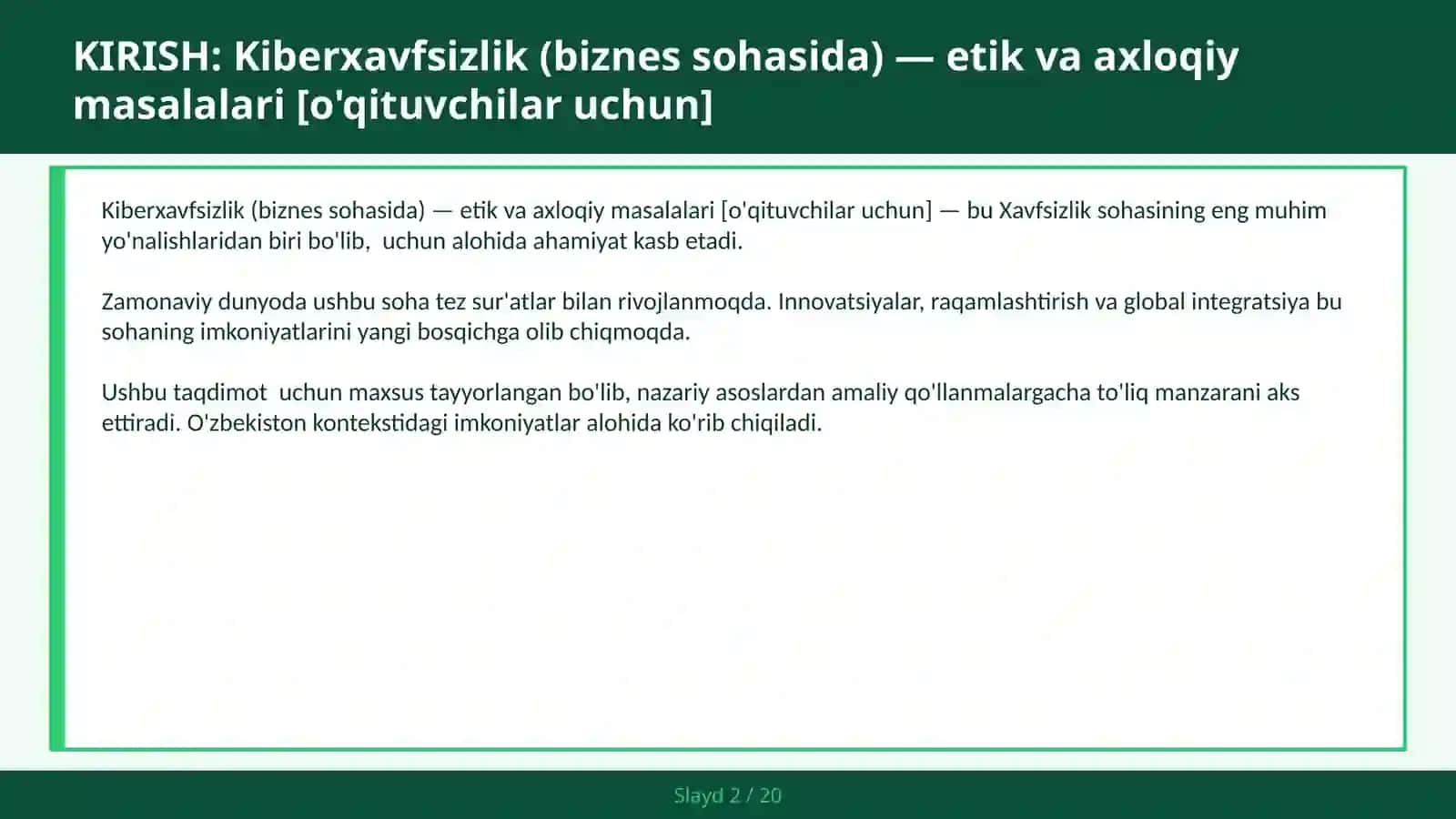 KIBERXAVFSIZLIK (BIZNES SOHASIDA) — ETIK VA AXLOQIY MASALALARI [O'QITUVCHILAR UCHUN] 2