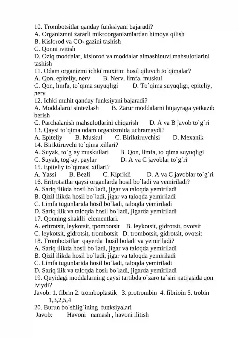 8-sinlar uchun odam va uning salomatligi fanidan test savollari 2