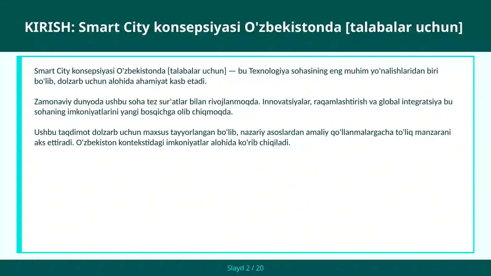 Smart City Konsepsiyasi O'zbekistonda [Talabalar Uchun] 2