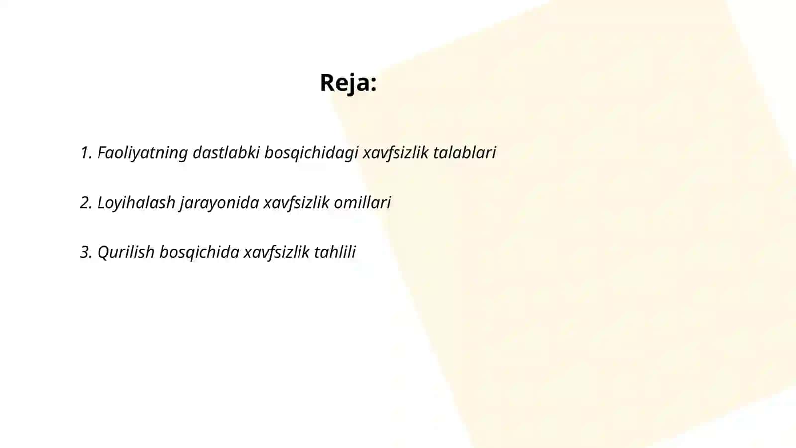 Faoloyatning turli bosqichlarida xavfsizlik shartlarini tahlil qilish 2