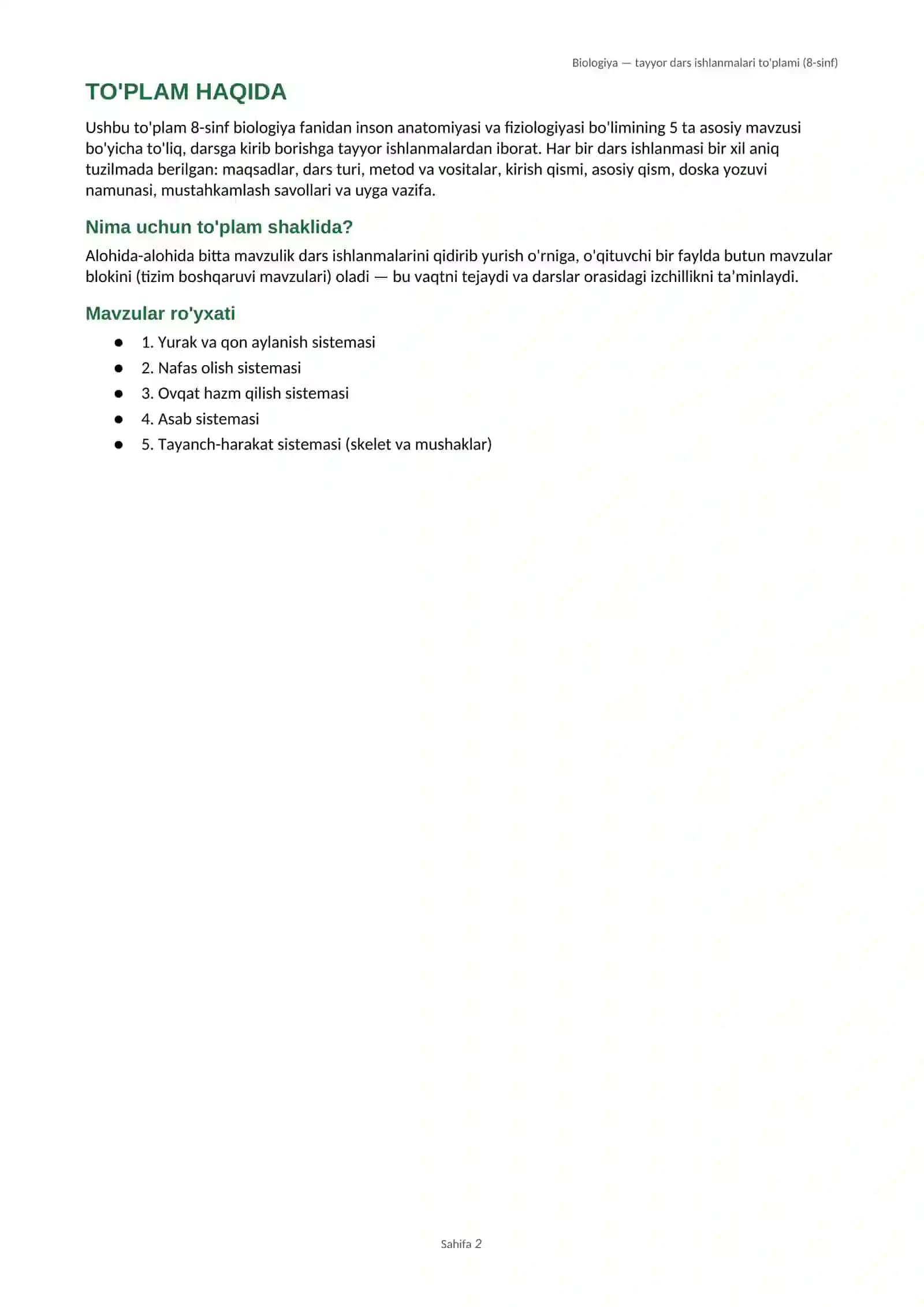 Biologiya 8-sinf: Inson anatomiyasi va fiziologiyasi — tayyor dars ishlanmalari to'plami (5 ta dars) 2