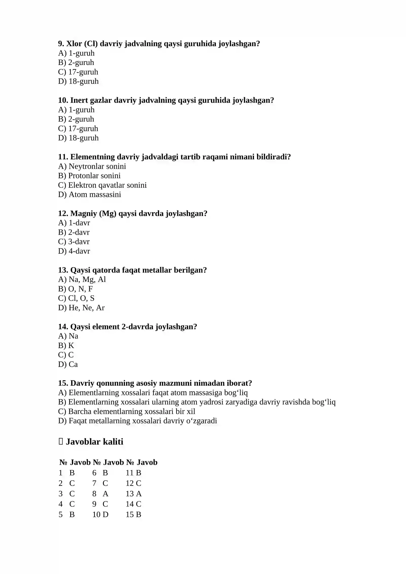 Kimyoviy Elementlar Davriy Jadvali Testi 2
