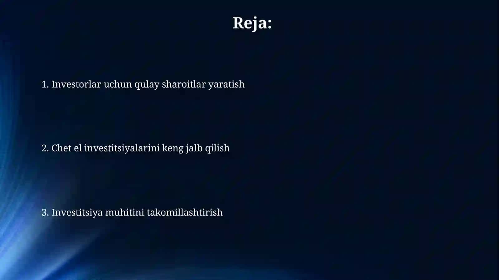 CHET EL INVESTISIYALARINI KENG JALB QILISH XORIJIY INVESTORLAR UCHUN SHAROITLAR YARATISH 2