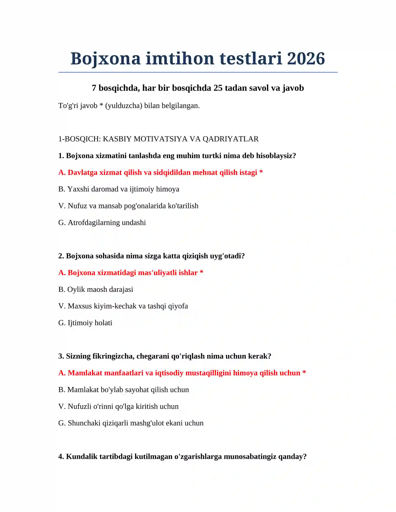 Bojxona imtihon testlari 2026 2