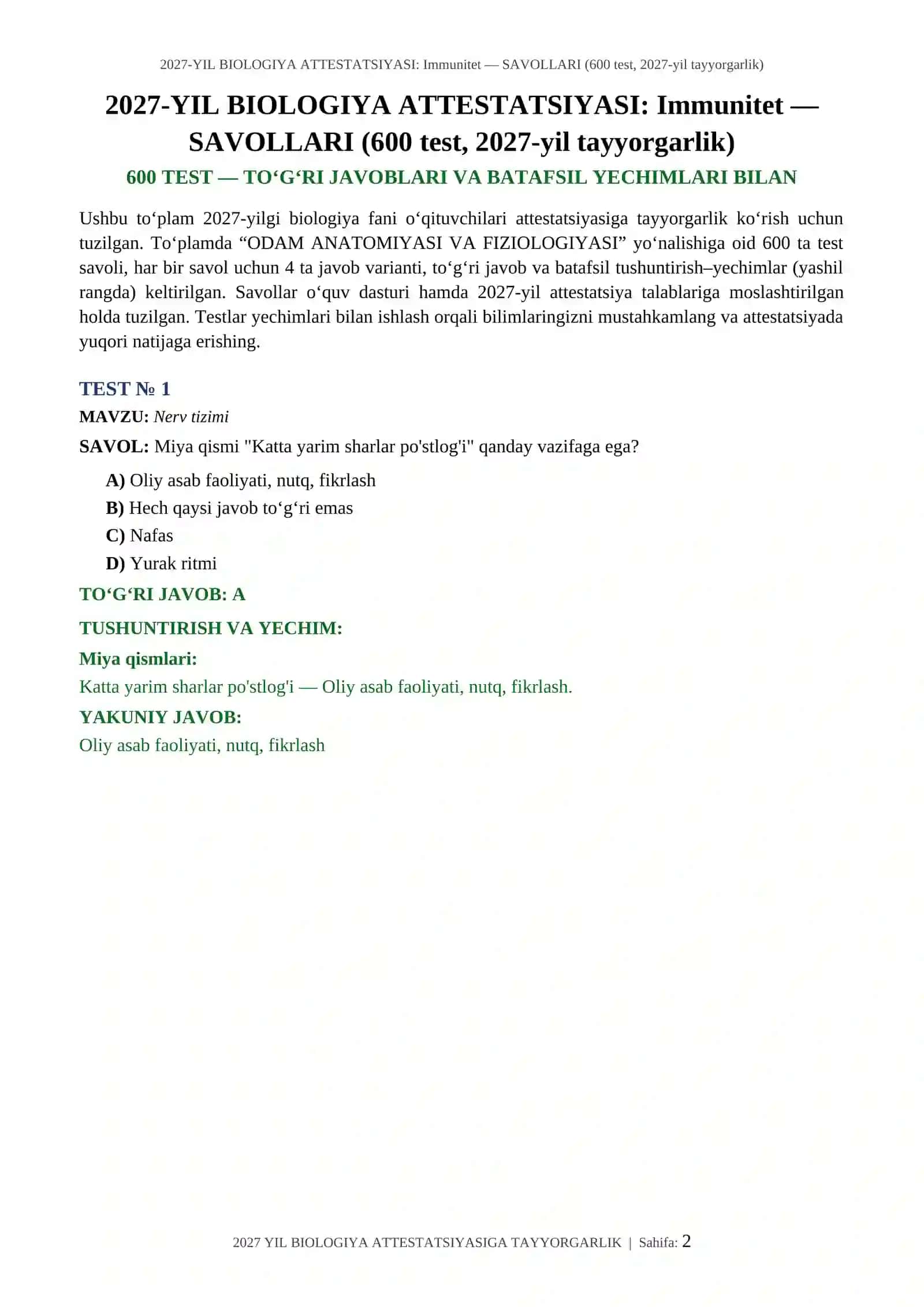 2027-YIL BIOLOGIYA ATTESTATSIYASI: Immunitet — SAVOLLARI (600 test, 2027-yil tayyorgarlik) 2