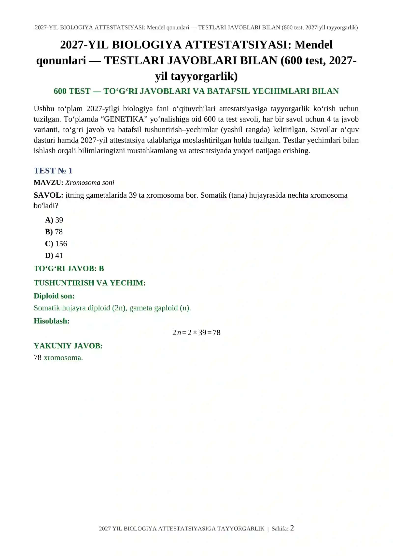 2027-YIL BIOLOGIYA ATTESTATSIYASI: Mendel qonunlari — TESTLARI JAVOBLARI BILAN (600 test, 2027-yil tayyorgarlik) 2
