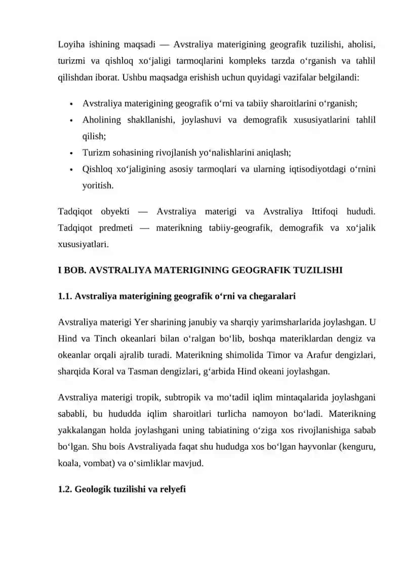 AVSTRALIYA MATERIGI GEOGRAFIK TUZILISHI, AHOLISI, TURIZMI VA QISHLOQ XO‘JALIGI 2