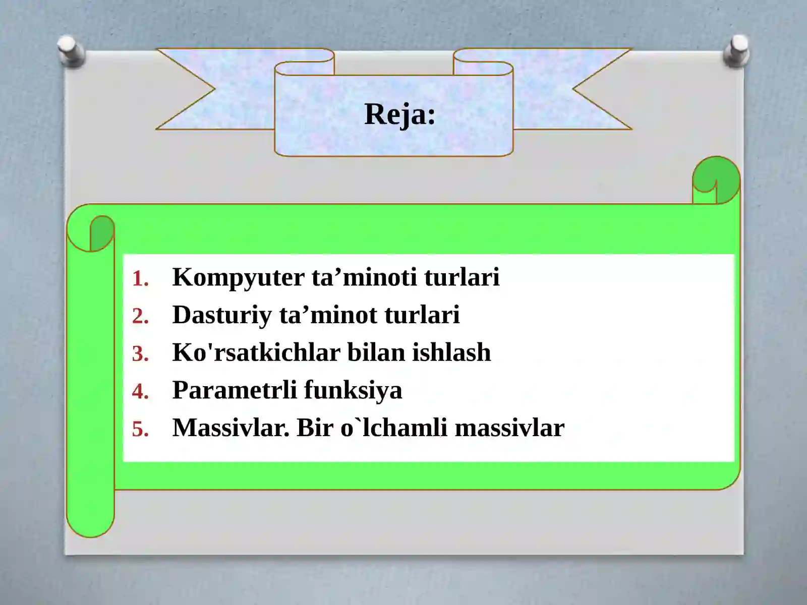 Operatorlar va standart funksiyalar (shartli operatorlar, tanlash operatorlari, massiv operatorlari, massivlar, tuzilmalar va protseduralar) 2