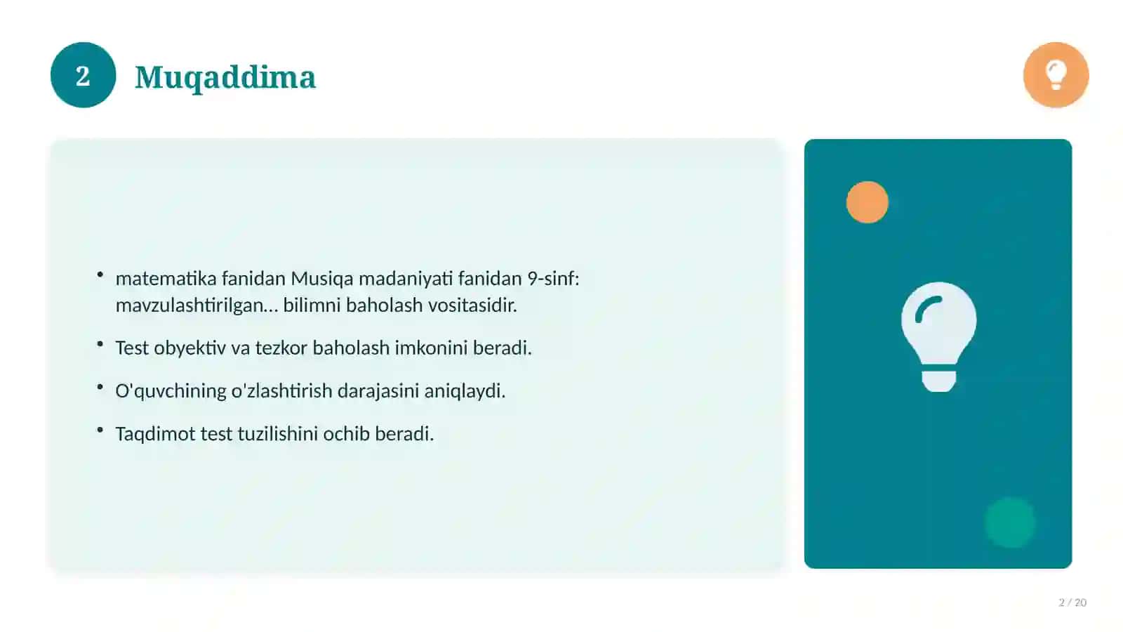 Musiqa madaniyati fanidan 9-sinf: mavzulashtirilgan nazorat ishi va tahlil 2