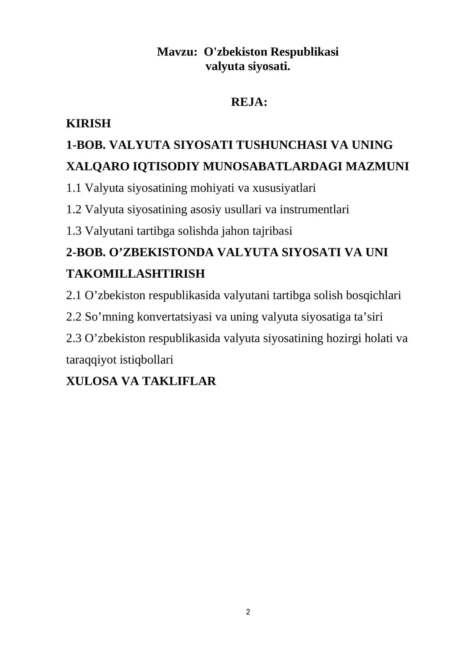 KURS ISHI, O'zbekiston Respublikasi valyuta siyosati 2
