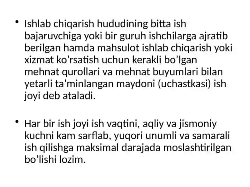 Ish joylarini tashkil etish, ixtisoslashtirish va rejalashtirish 2