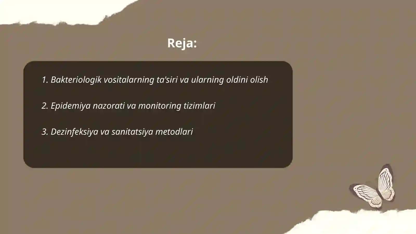 Bakteriologik (biologik) vositalar bilan zararlangan oʻchoqda epidermiyaga qarshi chora-tadbirlar. Fuqaro muhofazasi tibbiy xizmatining tuzilmalari va muassasalarini molk-mulklar bilan taminlash va muhofaza qilish 2